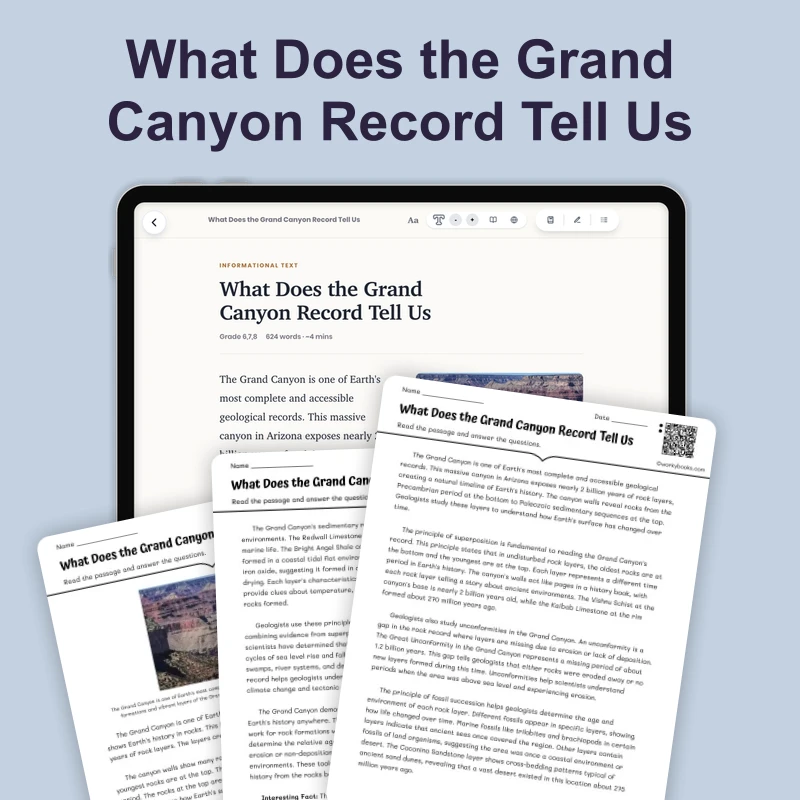 What Does the Grand Canyon Record Tell Us — science — reading comprehension for Grade 6, Grade 7, Grade 8, page 1 of 4