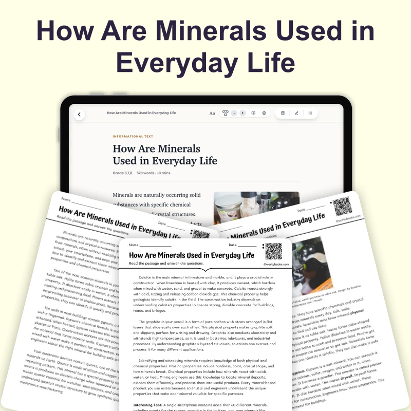 How Are Minerals Used in Everyday Life — science — reading comprehension for Grade 6, Grade 7, Grade 8, page 1 of 4