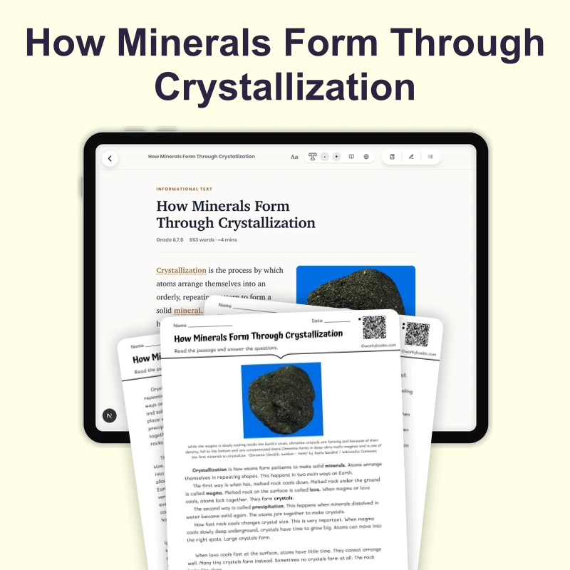 How Minerals Form by Crystallization — science — reading comprehension for Grade 6, Grade 7, Grade 8, page 1 of 4