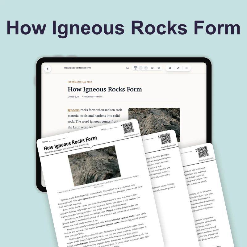 How Igneous Rocks Form — science — reading comprehension for Grade 6, Grade 7, Grade 8, page 1 of 4