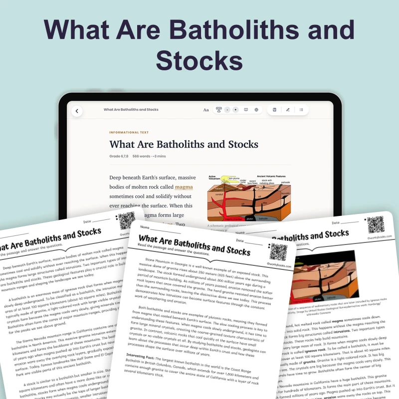 What Are Batholiths and Stocks — science — reading comprehension for Grade 6, Grade 7, Grade 8, page 1 of 4