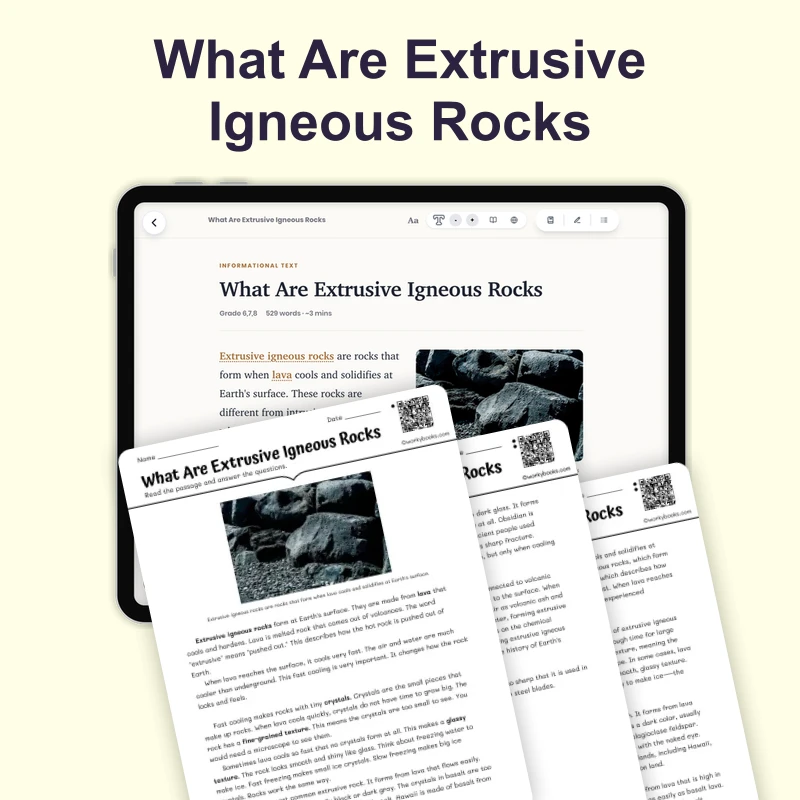 What Are Extrusive Igneous Rocks — science — reading comprehension for Grade 6, Grade 7, Grade 8, page 1 of 4