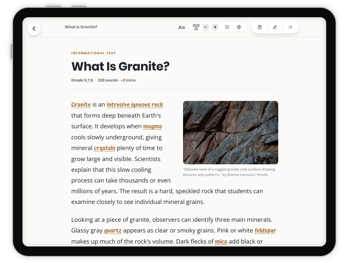 What Is Granite — science — reading comprehension for Grade 5, Grade 6, Grade 7, Grade 8, page 1 of 1