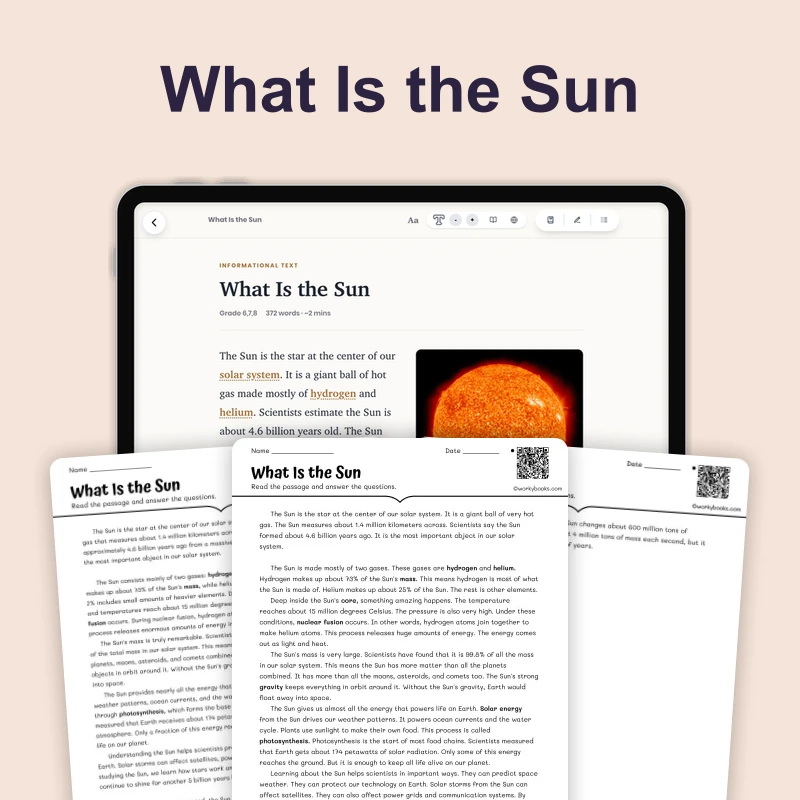 What Is the Sun — science — reading comprehension for Grade 5, Grade 6, Grade 7, Grade 8, page 1 of 4