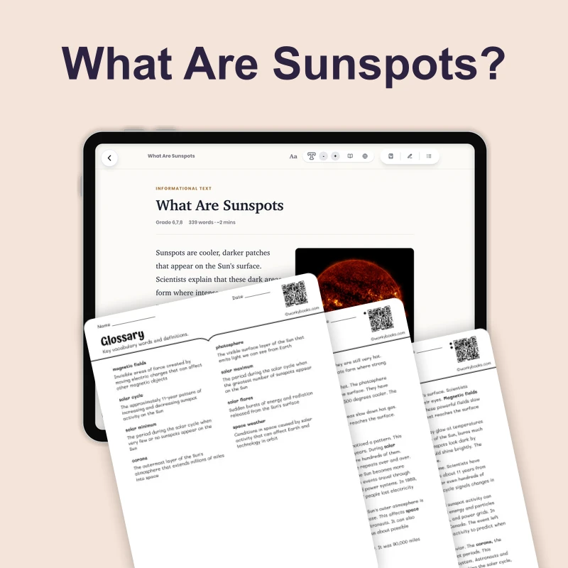 What Are Sunspots — science — reading comprehension for Grade 5, Grade 6, Grade 7, Grade 8, page 1 of 4