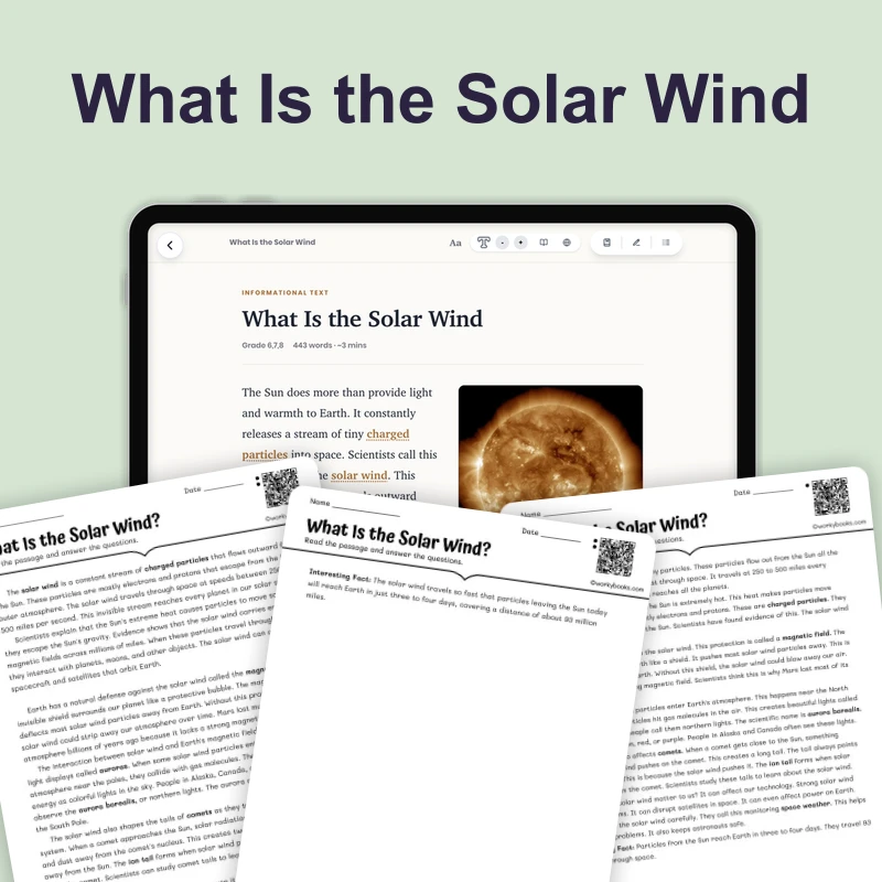 What Is the Solar Wind — science — reading comprehension for Grade 5, Grade 6, Grade 7, Grade 8, page 1 of 4