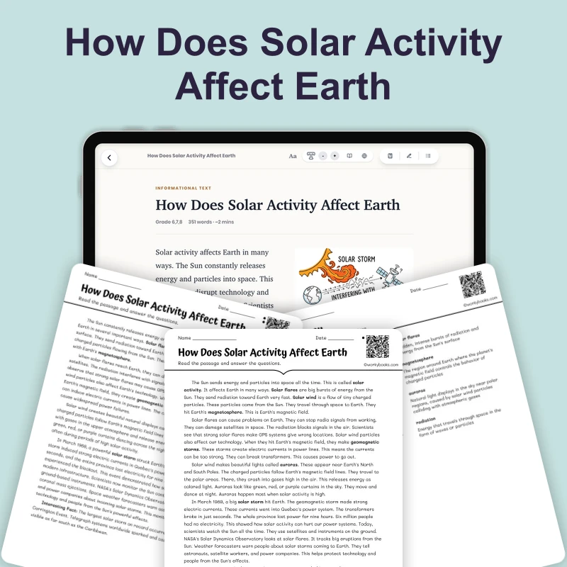 How Does Solar Activity Affect Earth — science — reading comprehension for Grade 5, Grade 6, Grade 7, Grade 8, page 1 of 4