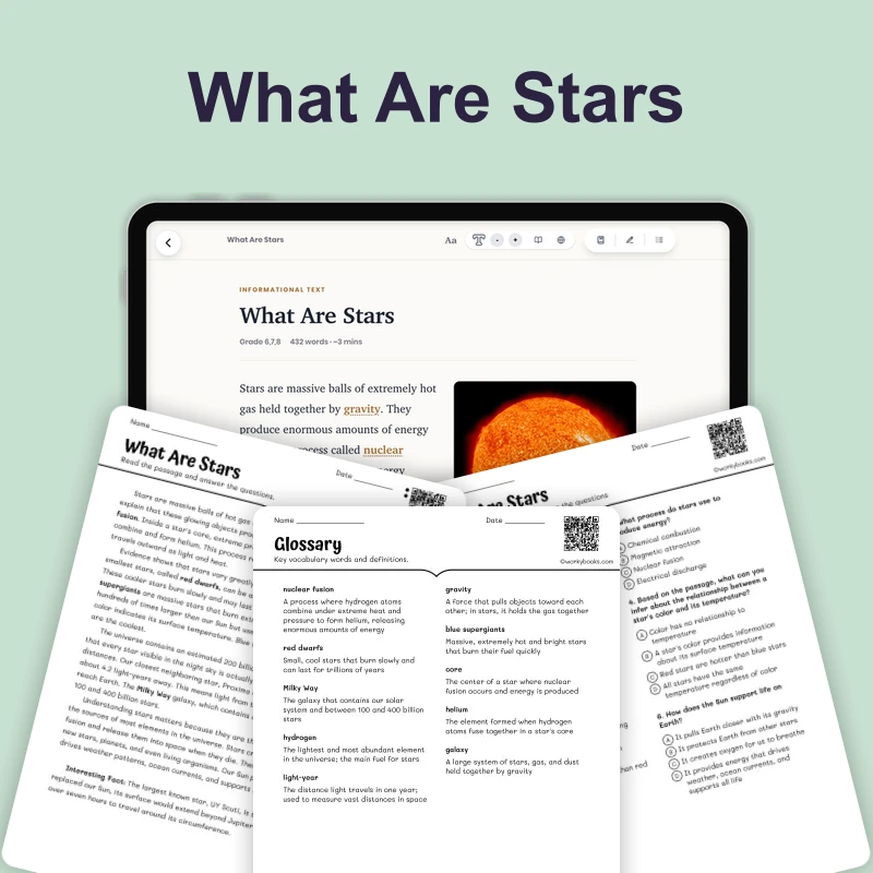 What Are Stars — science — reading comprehension for Grade 5, Grade 6, Grade 7, Grade 8, page 1 of 1
