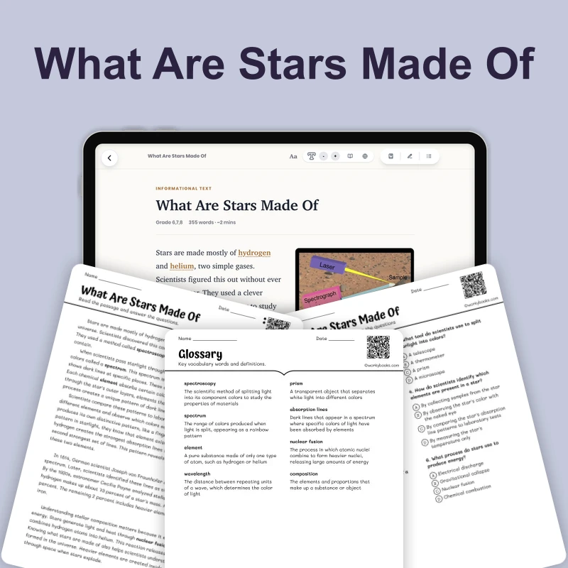 What Are Stars Made Of — science — reading comprehension for Grade 5, Grade 6, Grade 7, Grade 8, page 1 of 1