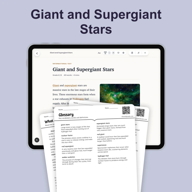 Giant and Supergiant Stars — science — reading comprehension for Grade 5, Grade 6, Grade 7, Grade 8, page 1 of 4