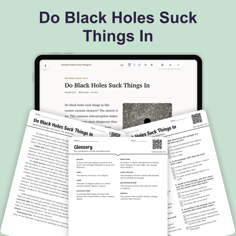 Do Black Holes Suck Things In — science — reading comprehension for Grade 5, Grade 6, Grade 7, Grade 8, page 1 of 1