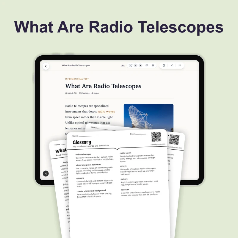 What Are Radio Telescopes — science — reading comprehension for Grade 5, Grade 6, Grade 7, Grade 8, page 1 of 4
