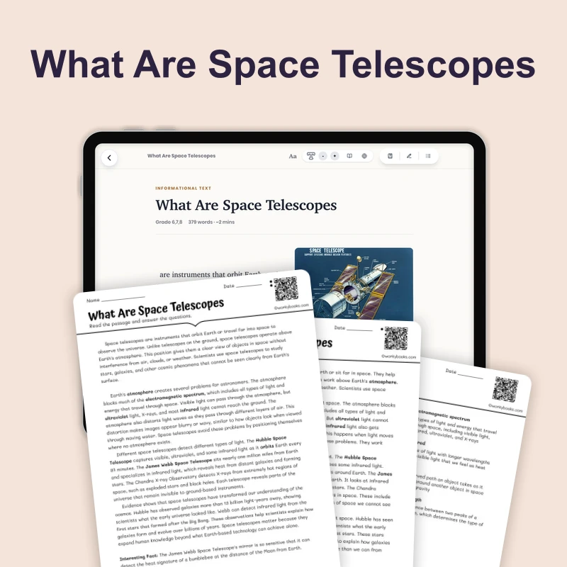 What Are Space Telescopes — science — reading comprehension for Grade 5, Grade 6, Grade 7, Grade 8, page 1 of 4