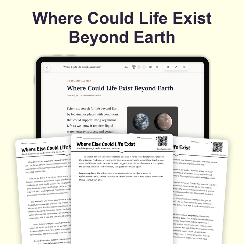 Where Could Life Exist Beyond Earth — science — reading comprehension for Grade 5, Grade 6, Grade 7, Grade 8, page 1 of 4