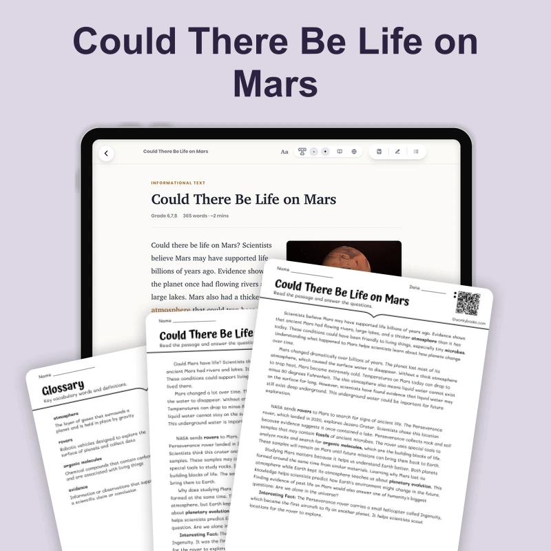 Could There Be Life on Mars — science — reading comprehension for Grade 5, Grade 6, Grade 7, Grade 8, page 1 of 4