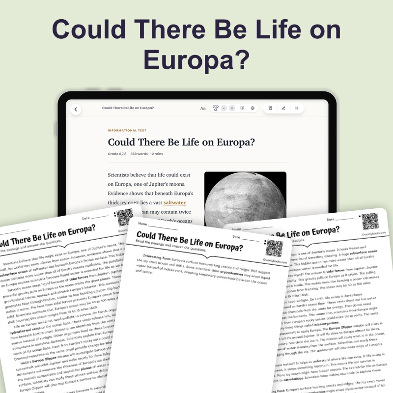 Could There Be Life on Europa — science — reading comprehension for Grade 5, Grade 6, Grade 7, Grade 8, page 1 of 4