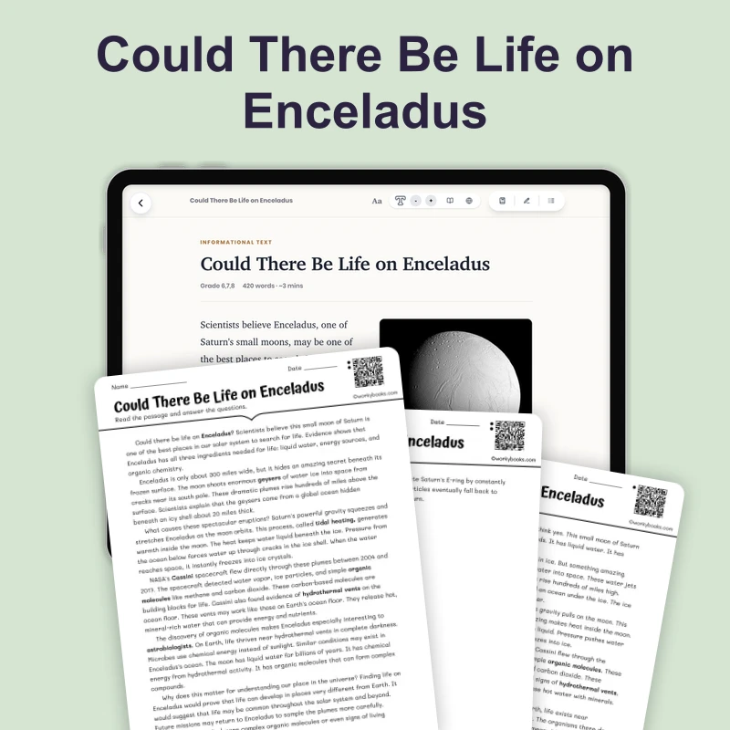 Could There Be Life on Enceladus — science — reading comprehension for Grade 5, Grade 6, Grade 7, Grade 8, page 1 of 4