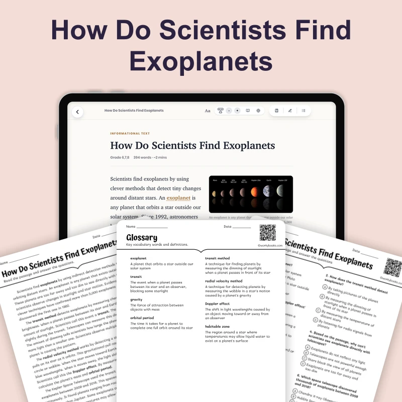 How Do Scientists Find Exoplanets — science — reading comprehension for Grade 5, Grade 6, Grade 7, Grade 8, page 1 of 1