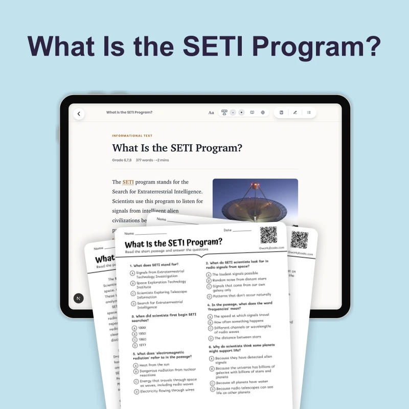What Is the SETI Program — science — reading comprehension for Grade 5, Grade 6, Grade 7, Grade 8, page 1 of 1