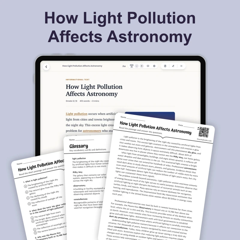 How Light Pollution Affects Astronomy — science — reading comprehension for Grade 5, Grade 6, Grade 7, Grade 8, page 1 of 1