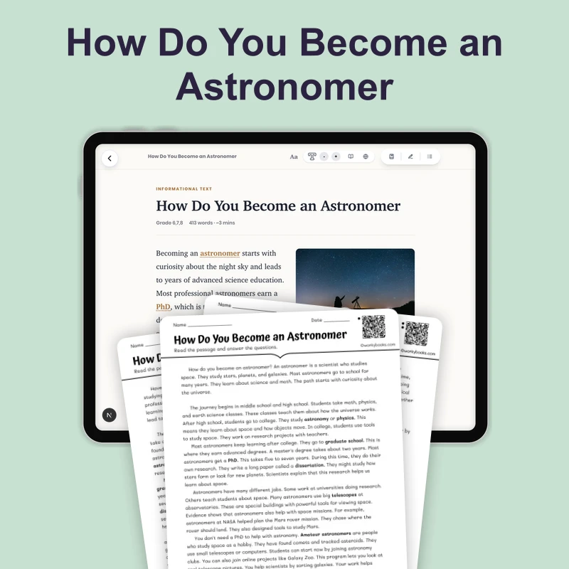 How Do You Become an Astronomer — science — reading comprehension for Grade 5, Grade 6, Grade 7, Grade 8, page 1 of 4