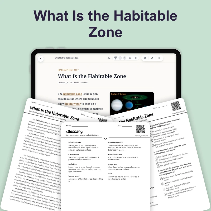 What Is the Habitable Zone — science — reading comprehension for Grade 5, Grade 6, Grade 7, Grade 8, page 1 of 1