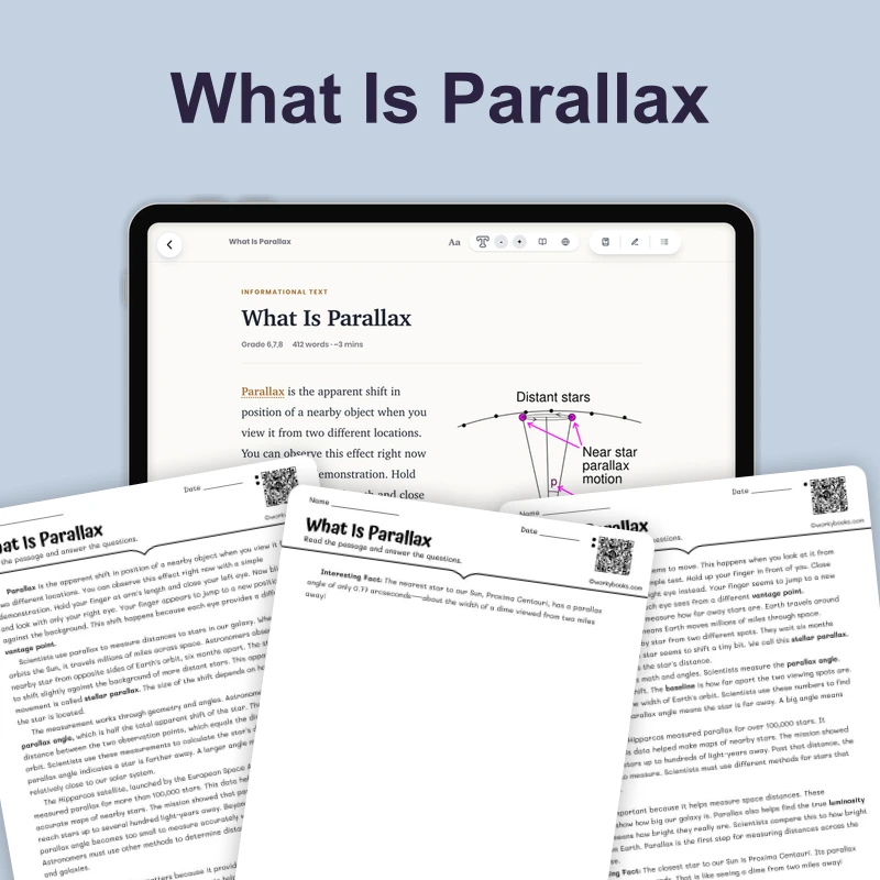 What Is Parallax — science — reading comprehension for Grade 5, Grade 6, Grade 7, Grade 8, page 1 of 4