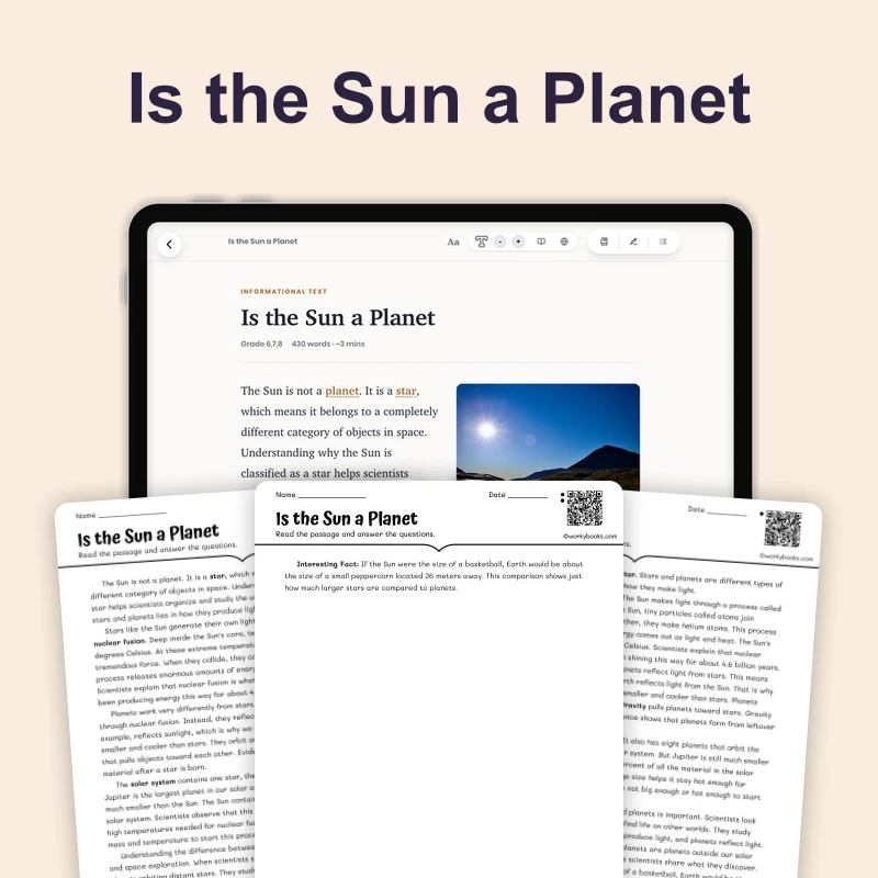 Is the Sun a Planet — science — reading comprehension for Grade 5, Grade 6, Grade 7, Grade 8, page 1 of 4