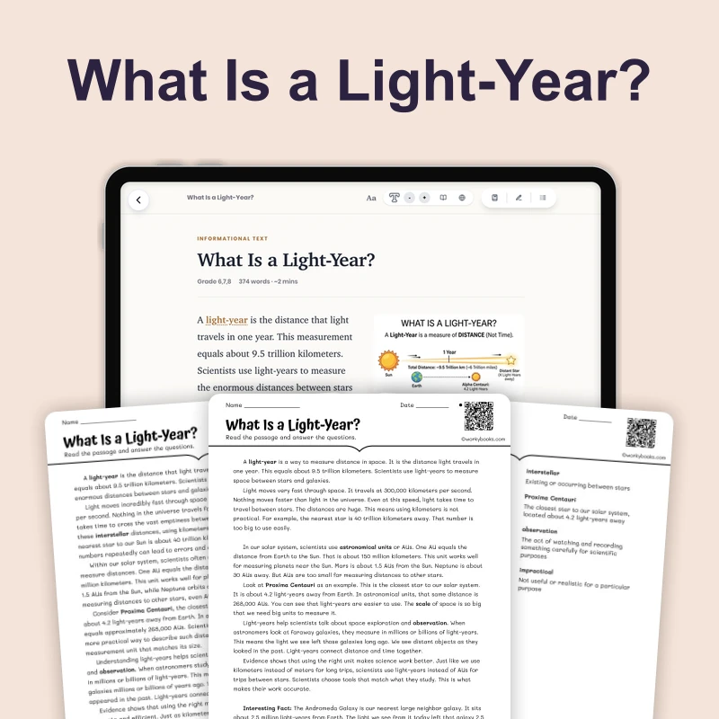 What Is a Light-Year — science — reading comprehension for Grade 5, Grade 6, Grade 7, Grade 8, page 1 of 4