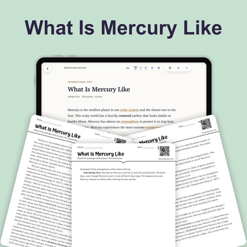 What Is Mercury Like — science — reading comprehension for Grade 5, Grade 6, Grade 7, Grade 8, page 1 of 4