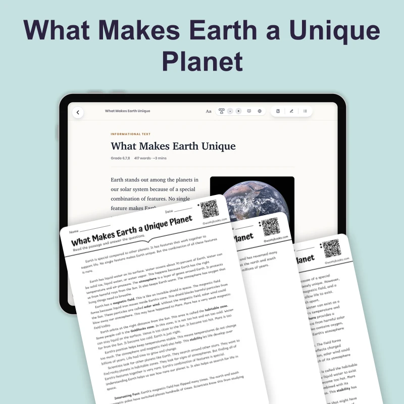 What Makes Earth Unique — science — reading comprehension for Grade 5, Grade 6, Grade 7, Grade 8, page 1 of 4