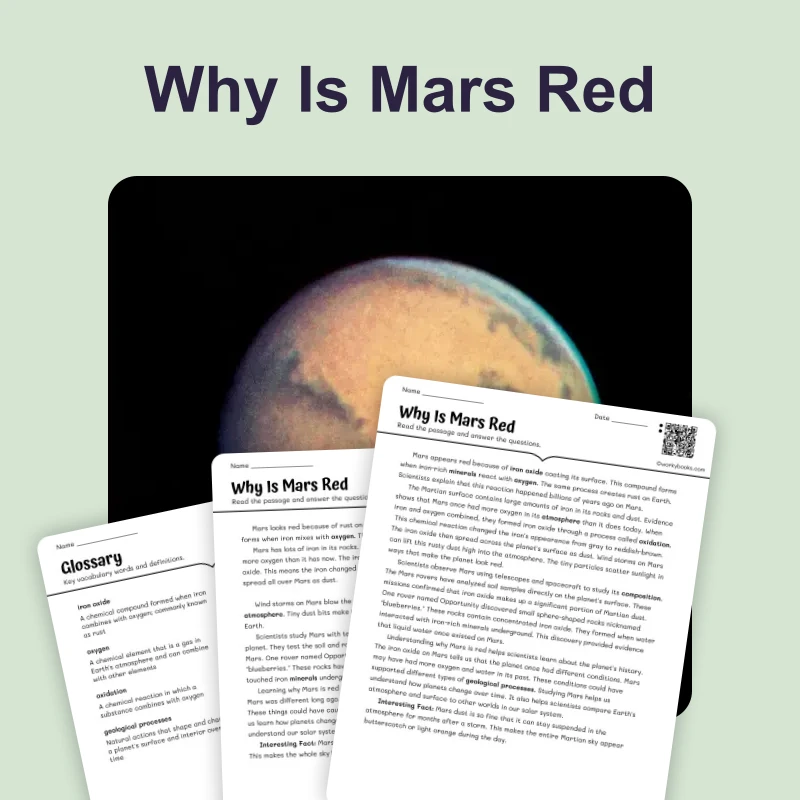 Why Mars Is Red — science — reading comprehension for Grade 5, Grade 6, Grade 7, Grade 8, page 1 of 4
