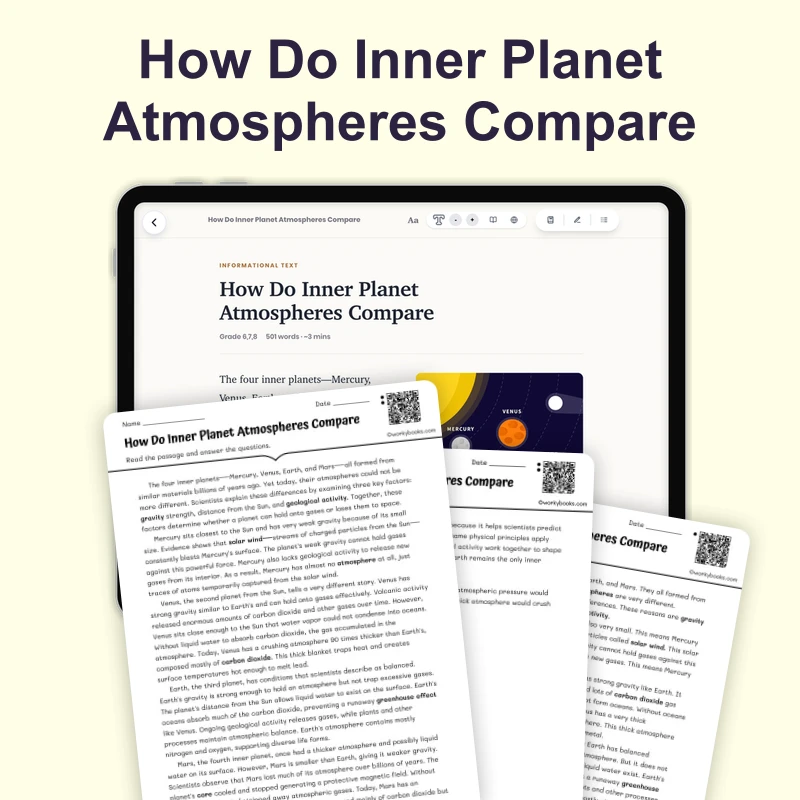 Comparing Inner Planet Atmospheres — science — reading comprehension for Grade 5, Grade 6, Grade 7, Grade 8, page 1 of 4