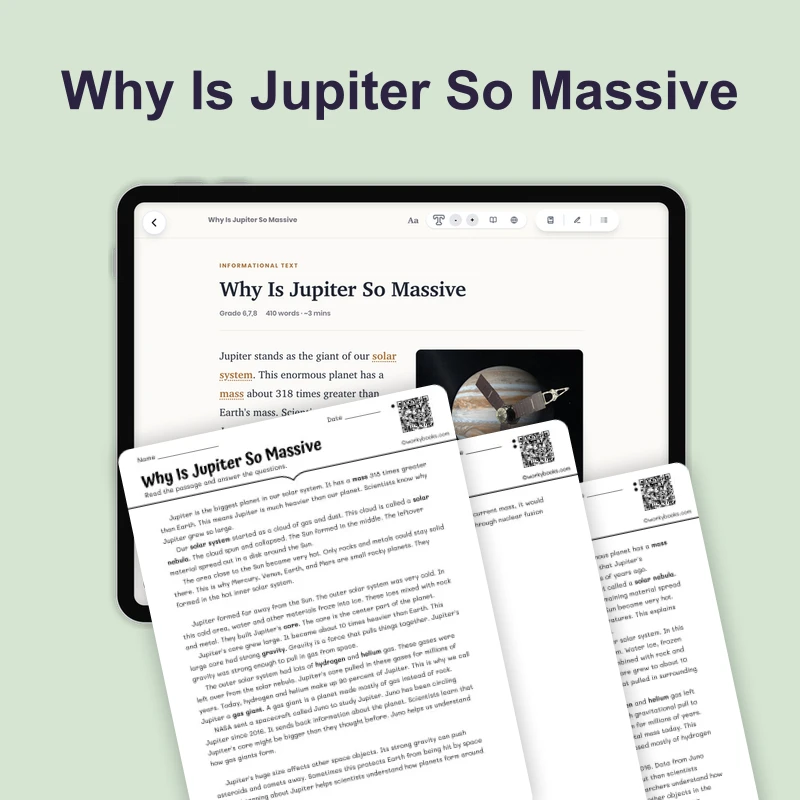 Why Is Jupiter So Massive — science — reading comprehension for Grade 5, Grade 6, Grade 7, Grade 8, page 1 of 4