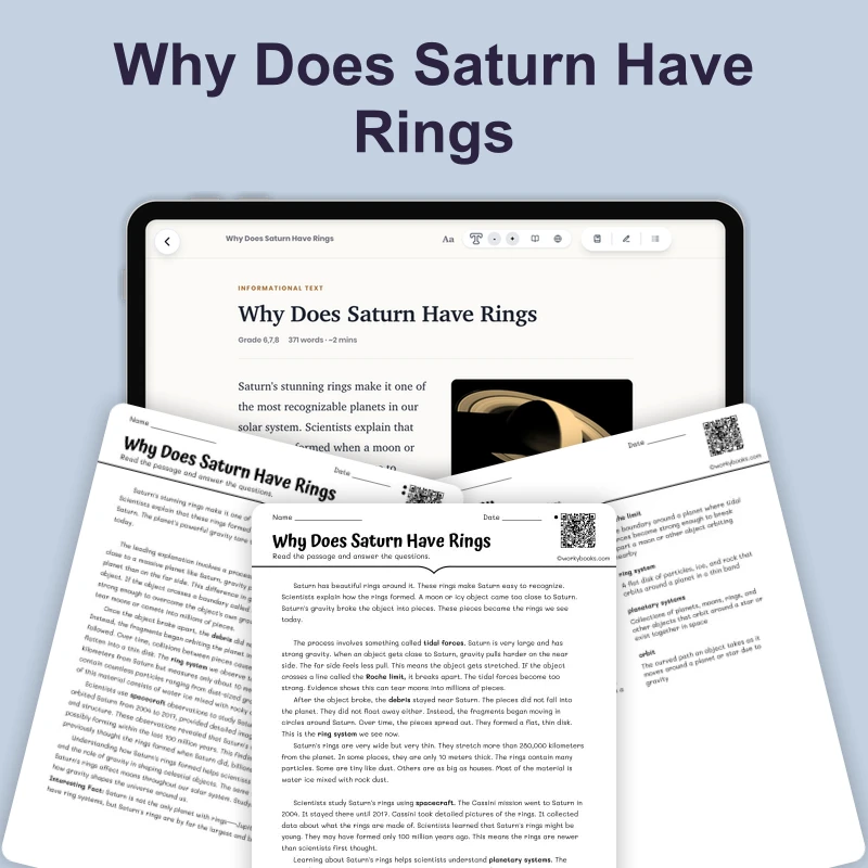 Why Does Saturn Have Rings — science — reading comprehension for Grade 5, Grade 6, Grade 7, Grade 8, page 1 of 4