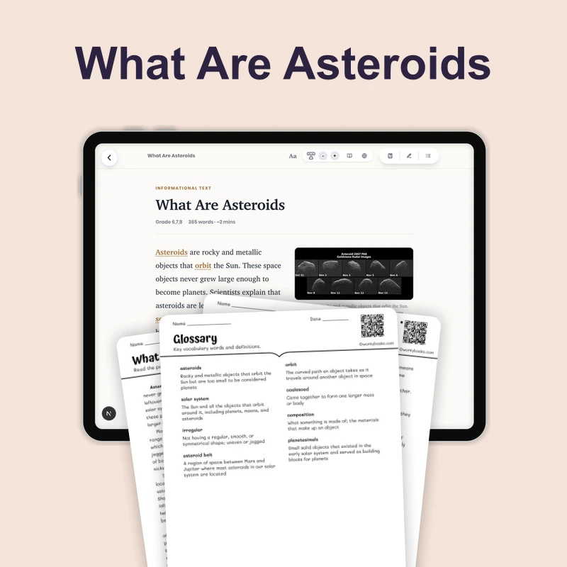 What Are Asteroids — science — reading comprehension for Grade 5, Grade 6, Grade 7, Grade 8, page 1 of 4