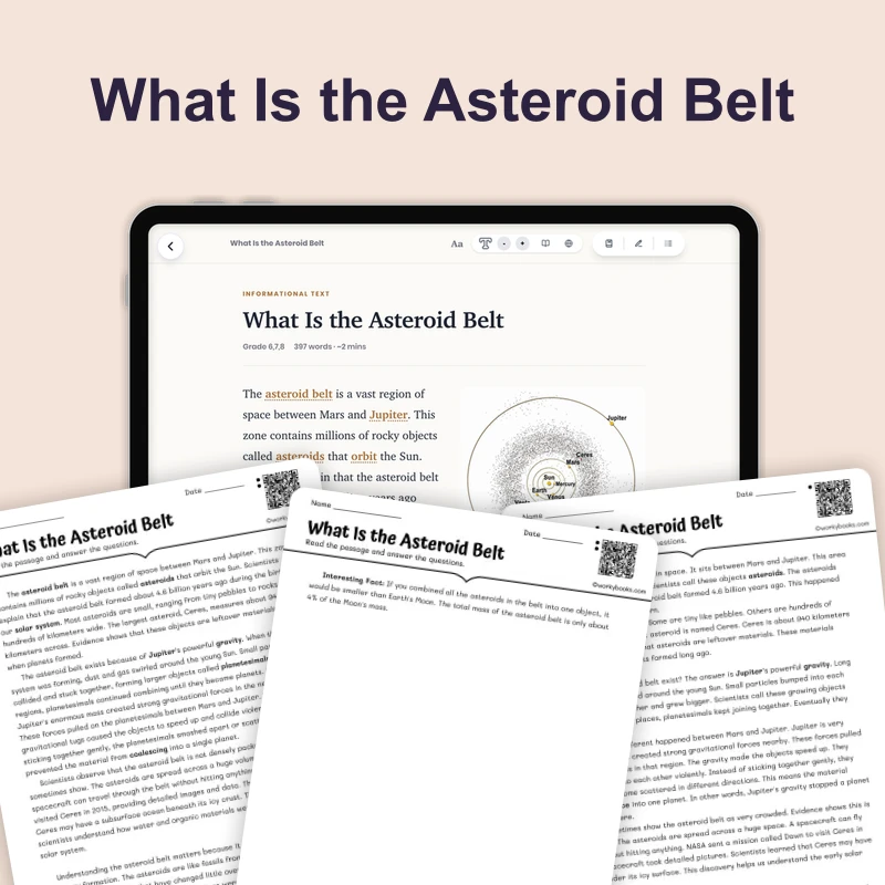 What Is the Asteroid Belt — science — reading comprehension for Grade 5, Grade 6, Grade 7, Grade 8, page 1 of 4