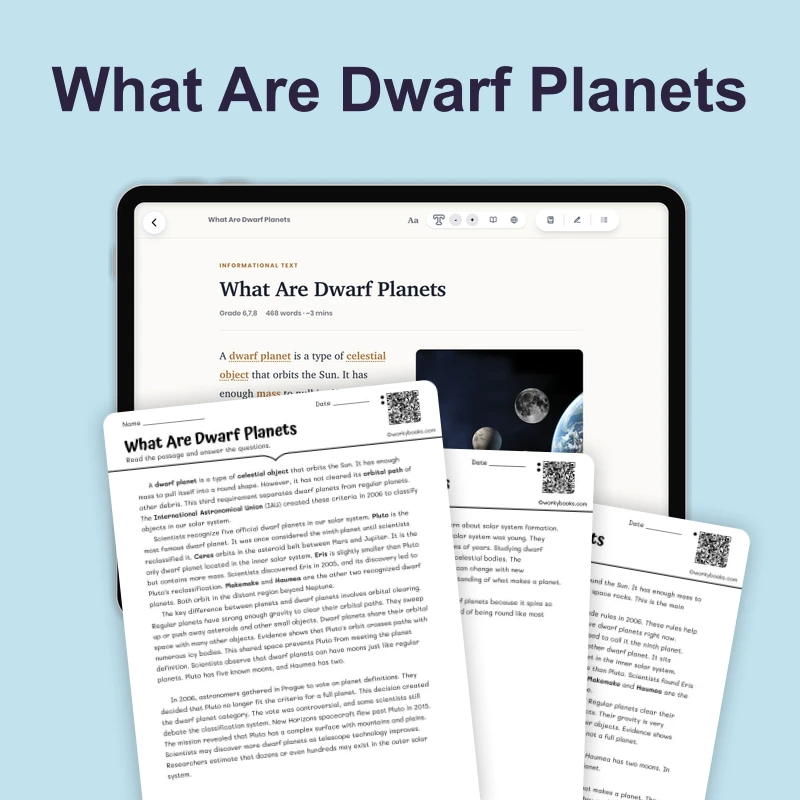 What Are Dwarf Planets — science — reading comprehension for Grade 5, Grade 6, Grade 7, Grade 8, page 1 of 4