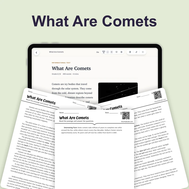 What Are Comets — science — reading comprehension for Grade 5, Grade 6, Grade 7, Grade 8, page 1 of 4
