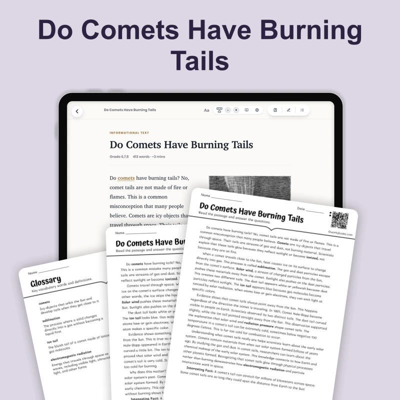 Do Comets Have Burning Tails — science — reading comprehension for Grade 5, Grade 6, Grade 7, Grade 8, page 1 of 4