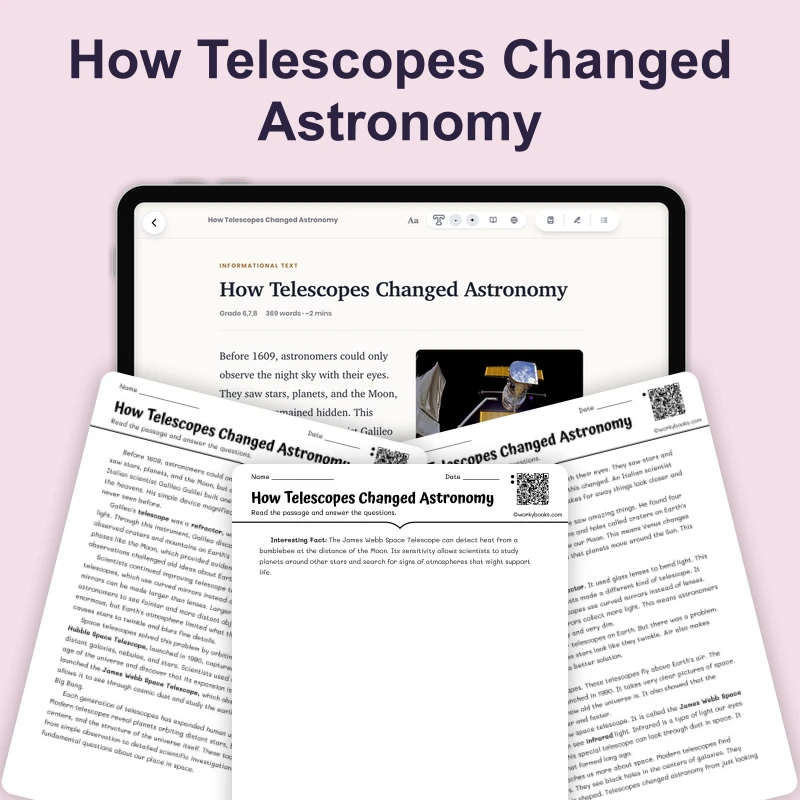 How Telescopes Changed Astronomy — science — reading comprehension for Grade 5, Grade 6, Grade 7, Grade 8, page 1 of 4