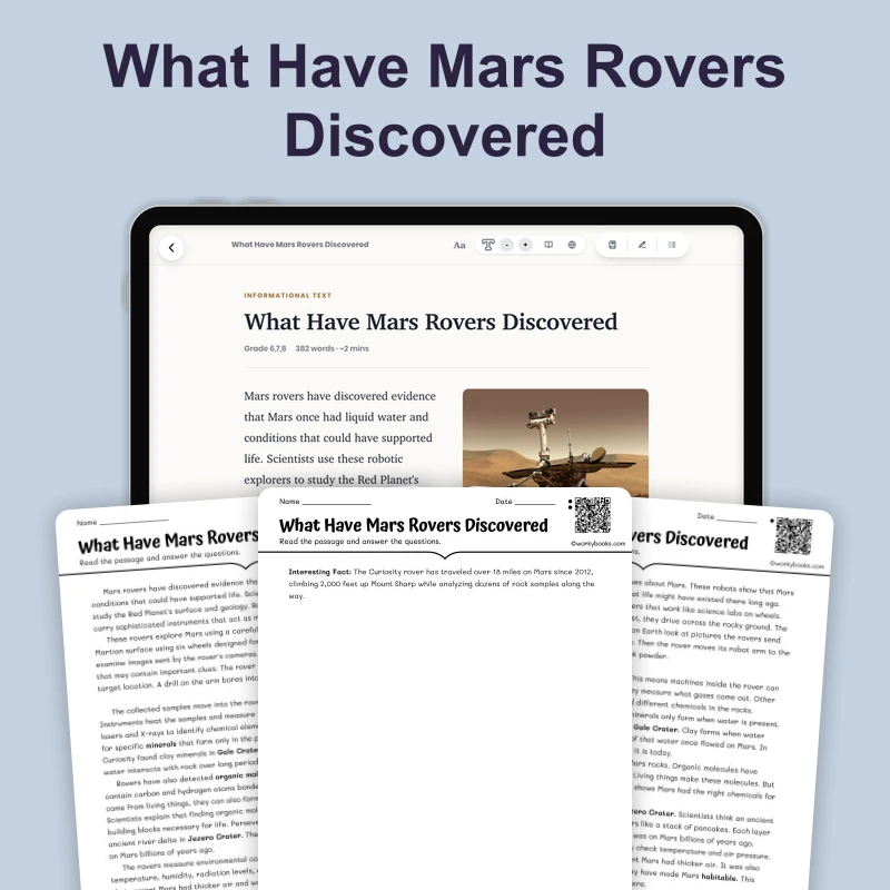 What Mars Rovers Have Discovered — science — reading comprehension for Grade 5, Grade 6, Grade 7, Grade 8, page 1 of 4