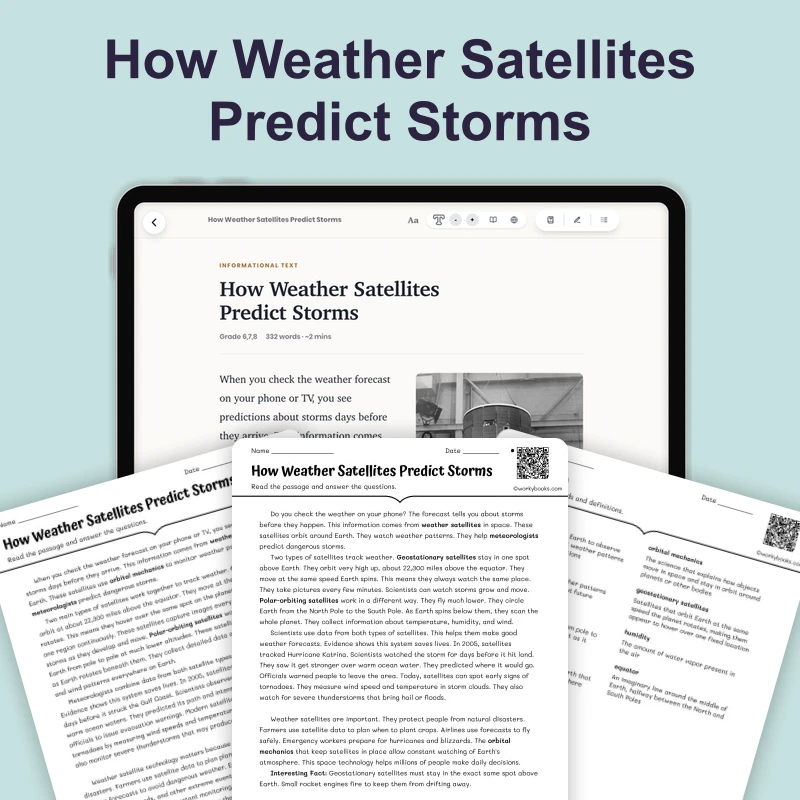 How Weather Satellites Predict Storms — science — reading comprehension for Grade 5, Grade 6, Grade 7, Grade 8, page 1 of 4