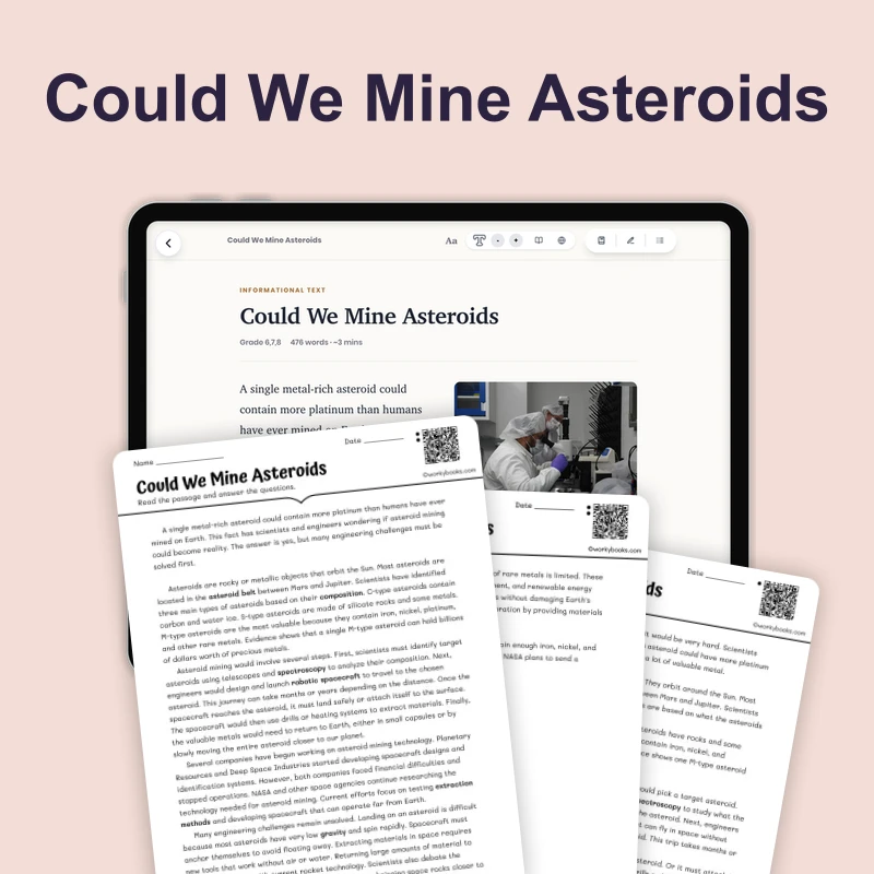 Could We Mine Asteroids — science — reading comprehension for Grade 5, Grade 6, Grade 7, Grade 8, page 1 of 4