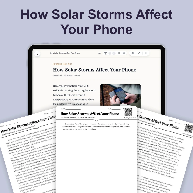 How Solar Storms Affect Your Phone — science — reading comprehension for Grade 5, Grade 6, Grade 7, Grade 8, page 1 of 4