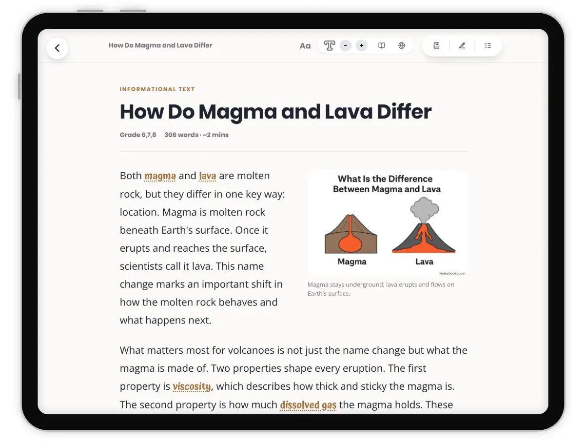 How Do Magma and Lava Differ — science — reading comprehension for Grade 5, Grade 6, Grade 7, Grade 8, page 1 of 1