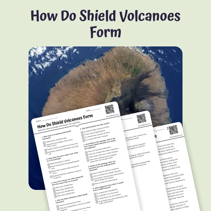 How Do Shield Volcanoes Form — science — reading comprehension for Grade 5, Grade 6, Grade 7, Grade 8, page 1 of 1