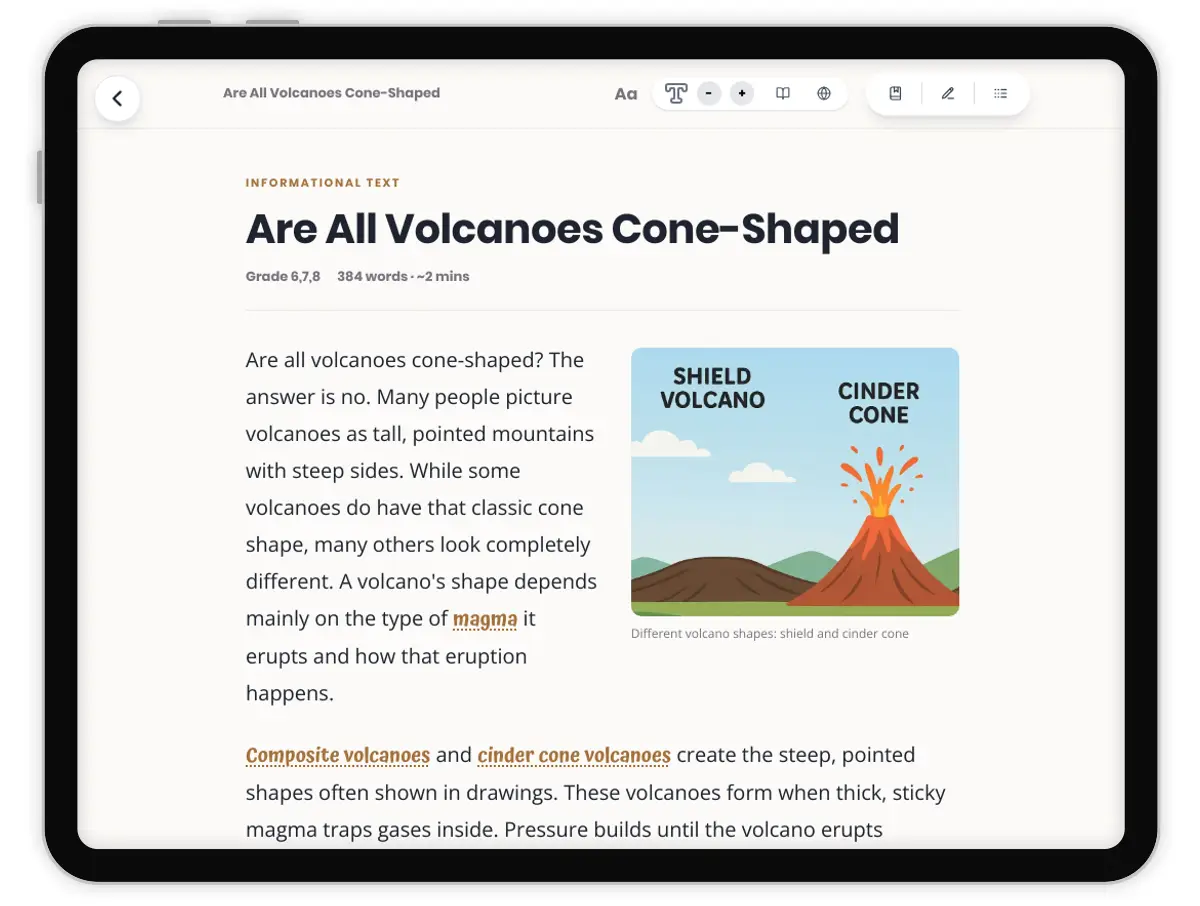 Are All Volcanoes Cone-Shaped — science — reading comprehension for Grade 5, Grade 6, Grade 7, Grade 8, page 1 of 1