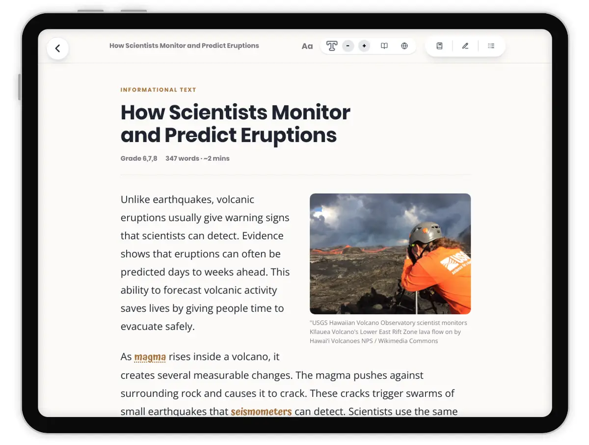 How Scientists Monitor and Predict Eruptions — science — reading comprehension for Grade 5, Grade 6, Grade 7, Grade 8, page 1 of 1