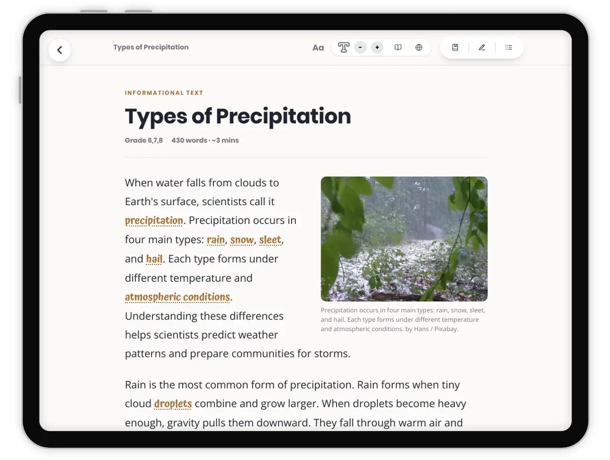 Types of Precipitation — science — reading comprehension for Grade 5, Grade 6, Grade 7, Grade 8, page 1 of 1